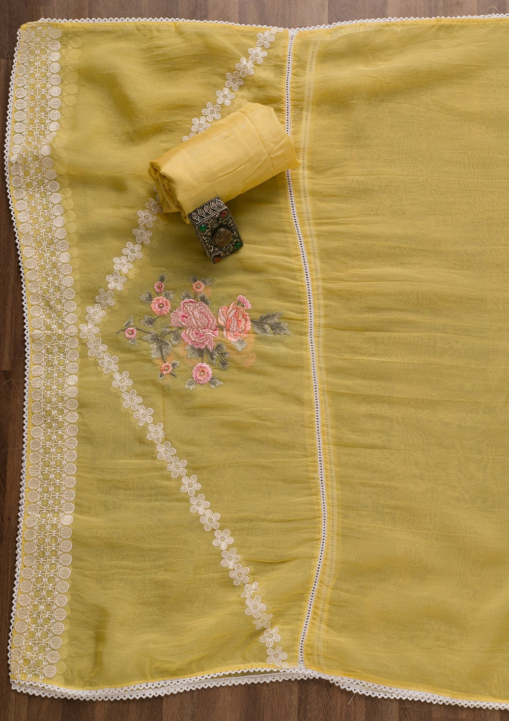 Yellow Threadwork Tissue Unstitched Salwar Suit-Koskii