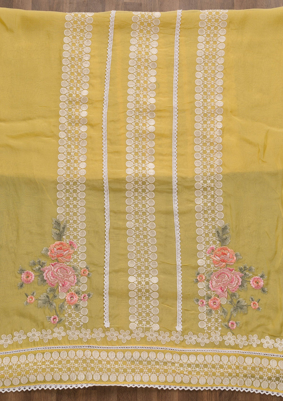 Yellow Threadwork Tissue Unstitched Salwar Suit-Koskii