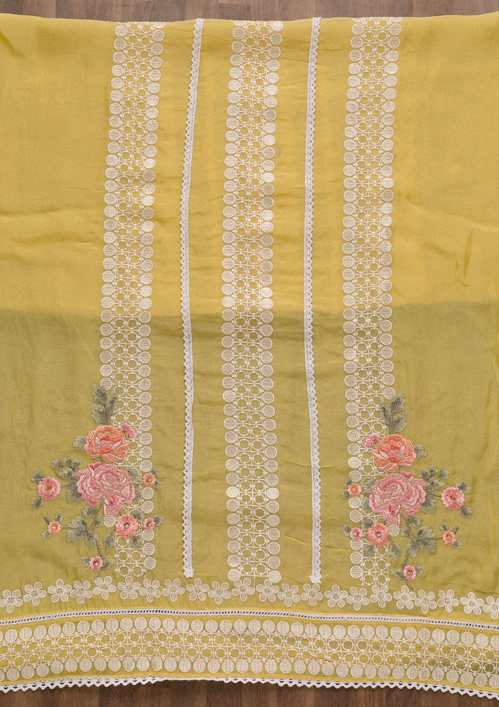 Yellow Threadwork Tissue Unstitched Salwar Suit-Koskii
