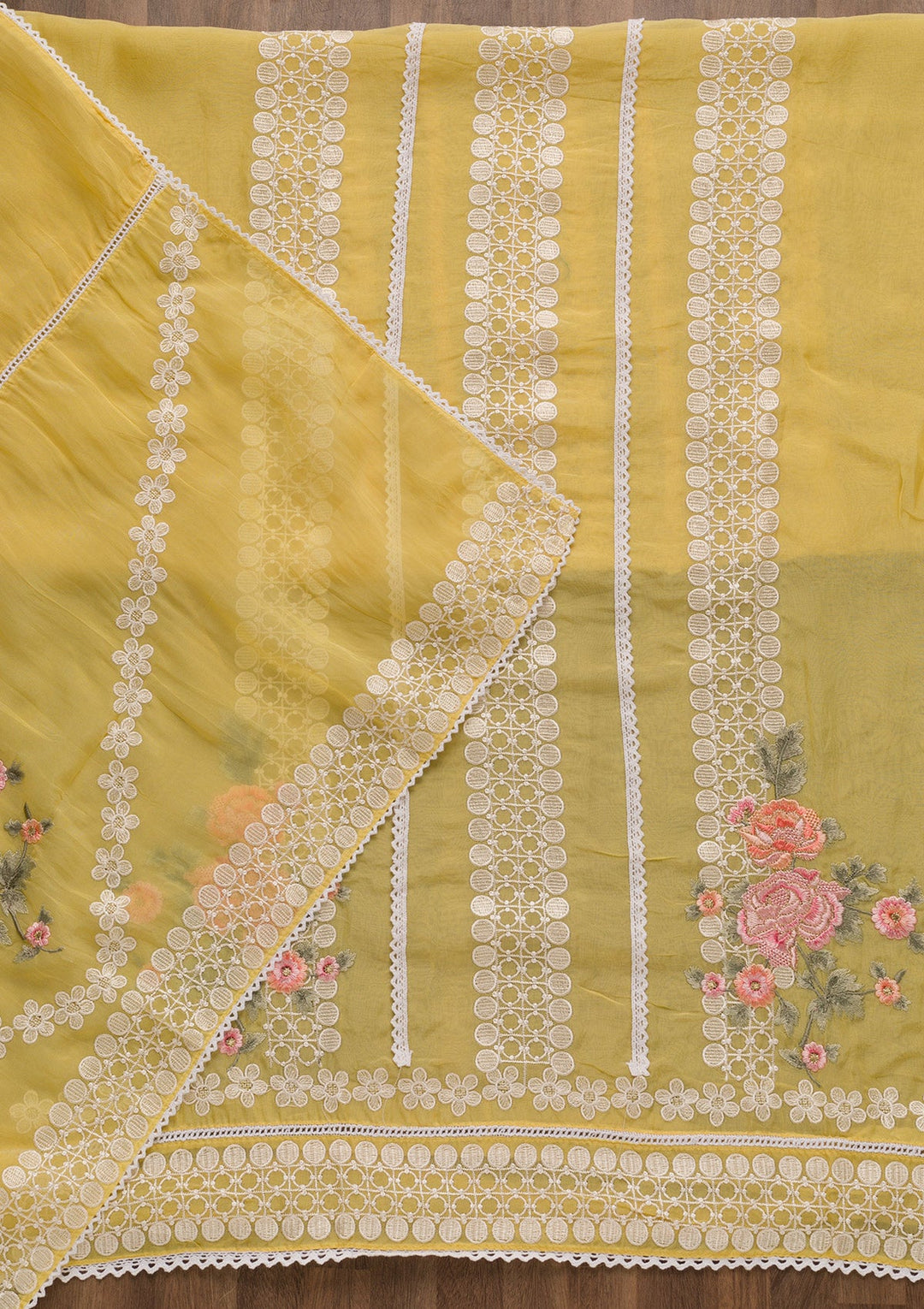Yellow Threadwork Tissue Unstitched Salwar Suit-Koskii