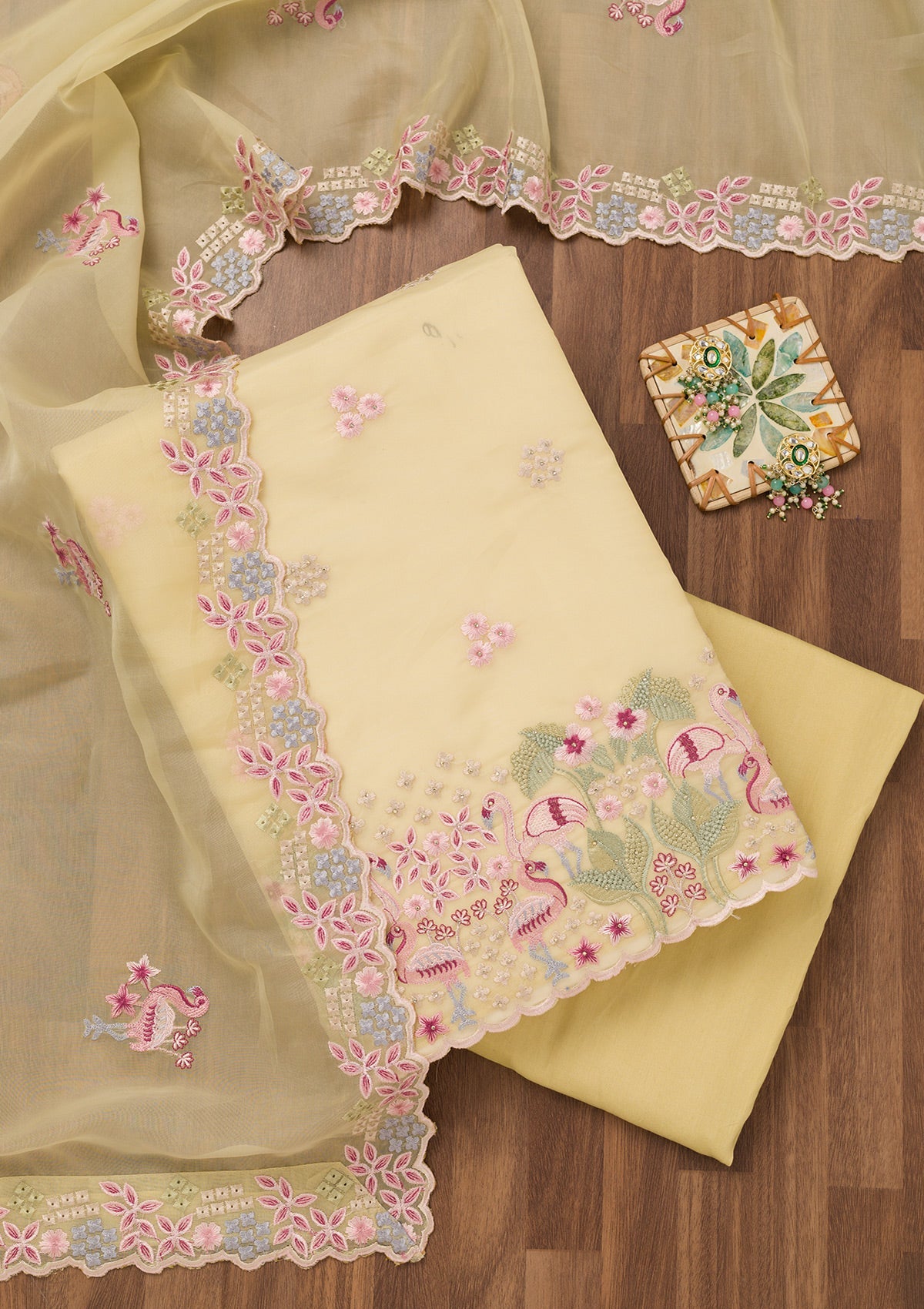 Yellow Threadwork Tissue Unstitched Salwar Suit-Koskii