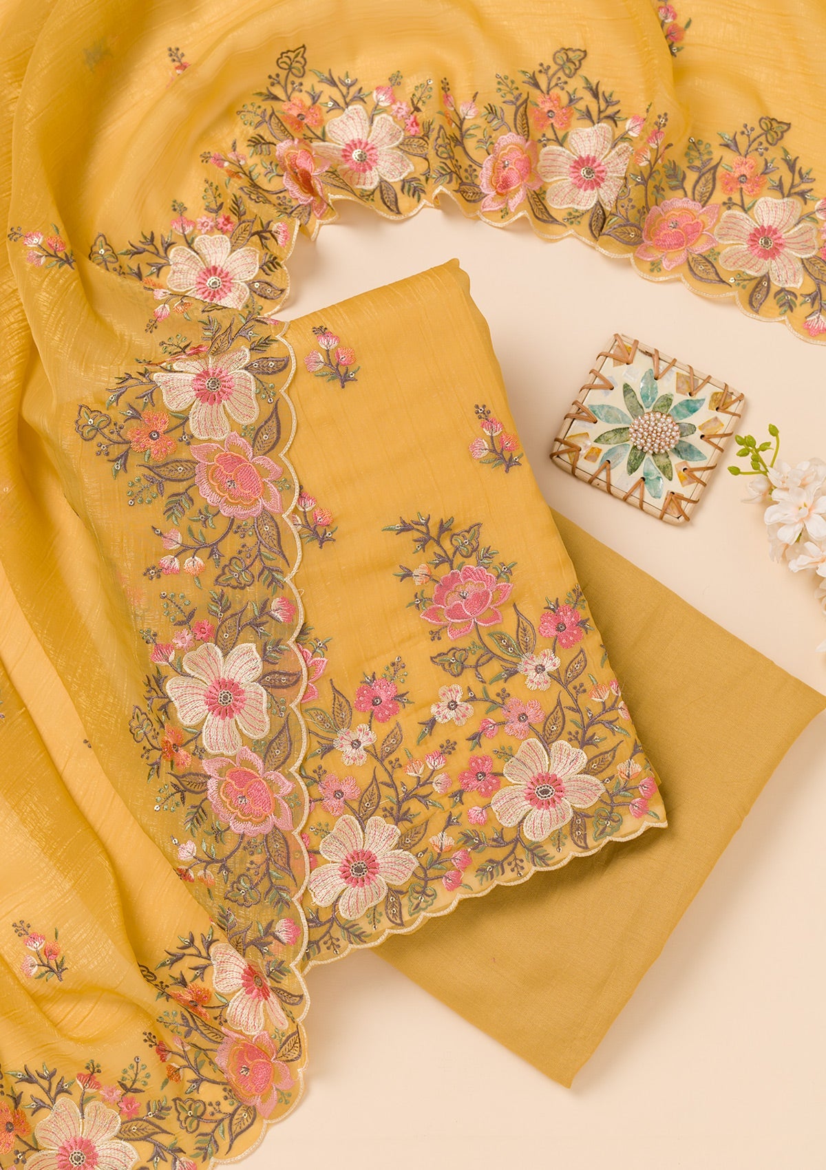 Yellow Threadwork Tissue Unstitched Salwar Suit-Koskii