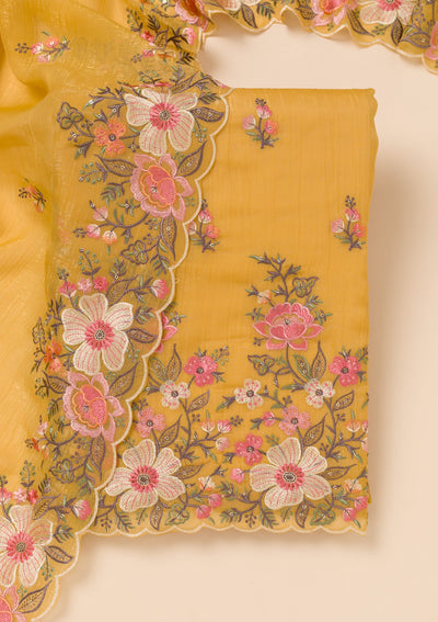 Yellow Threadwork Tissue Unstitched Salwar Suit-Koskii