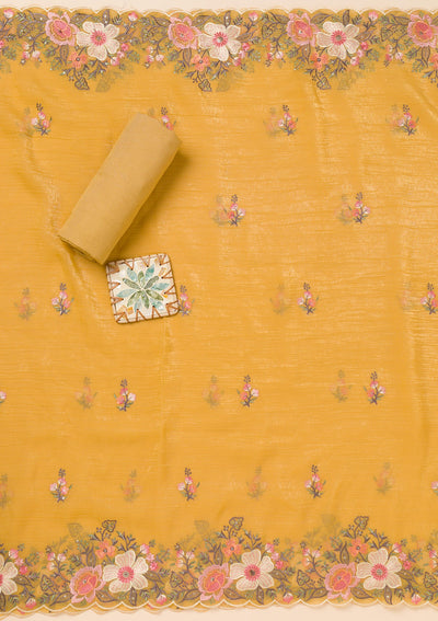 Yellow Threadwork Tissue Unstitched Salwar Suit-Koskii