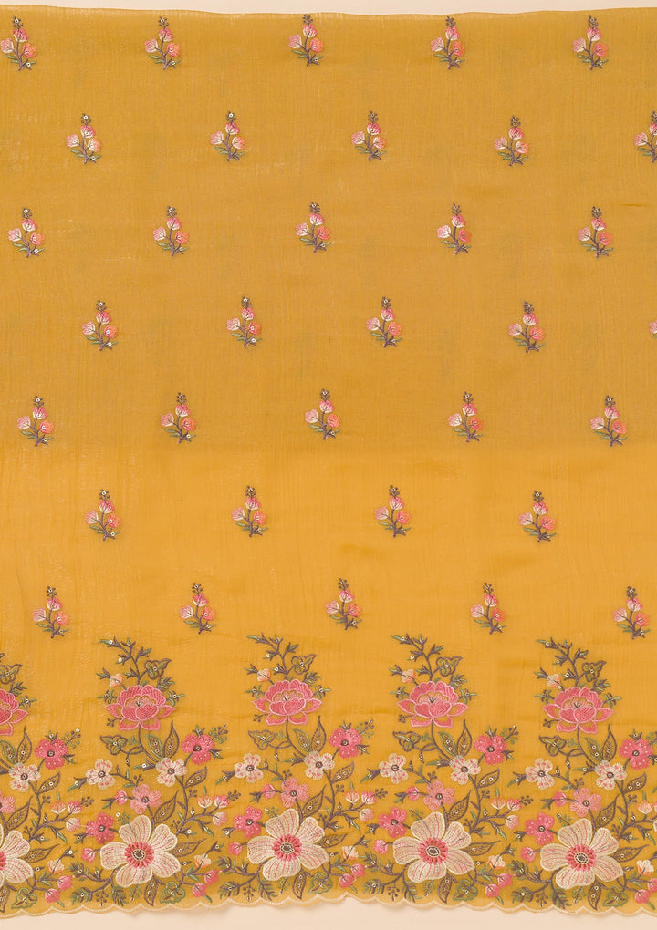 Yellow Threadwork Tissue Unstitched Salwar Suit-Koskii