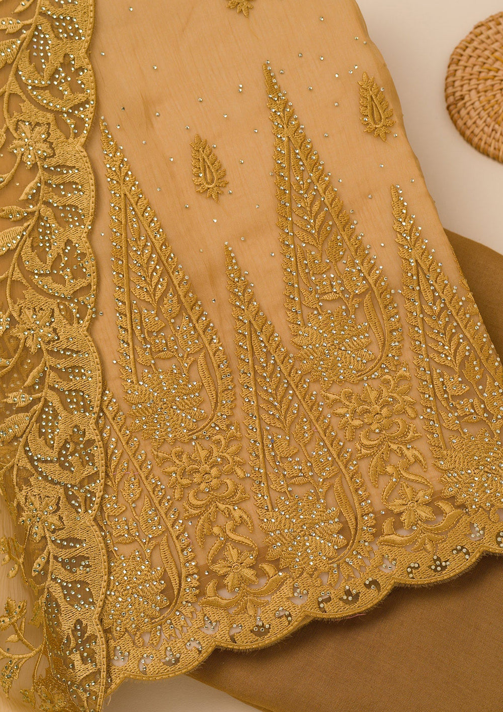 Mustard Threadwork Tissue Unstitched Salwar Suit-Koskii