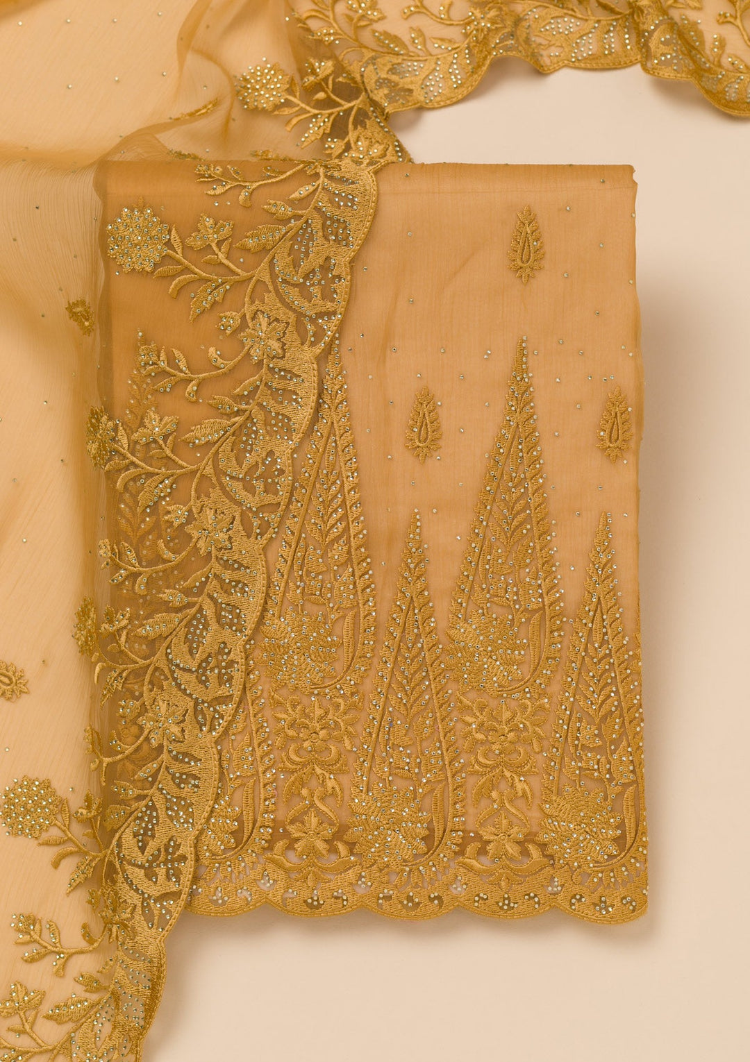 Mustard Threadwork Tissue Unstitched Salwar Suit-Koskii