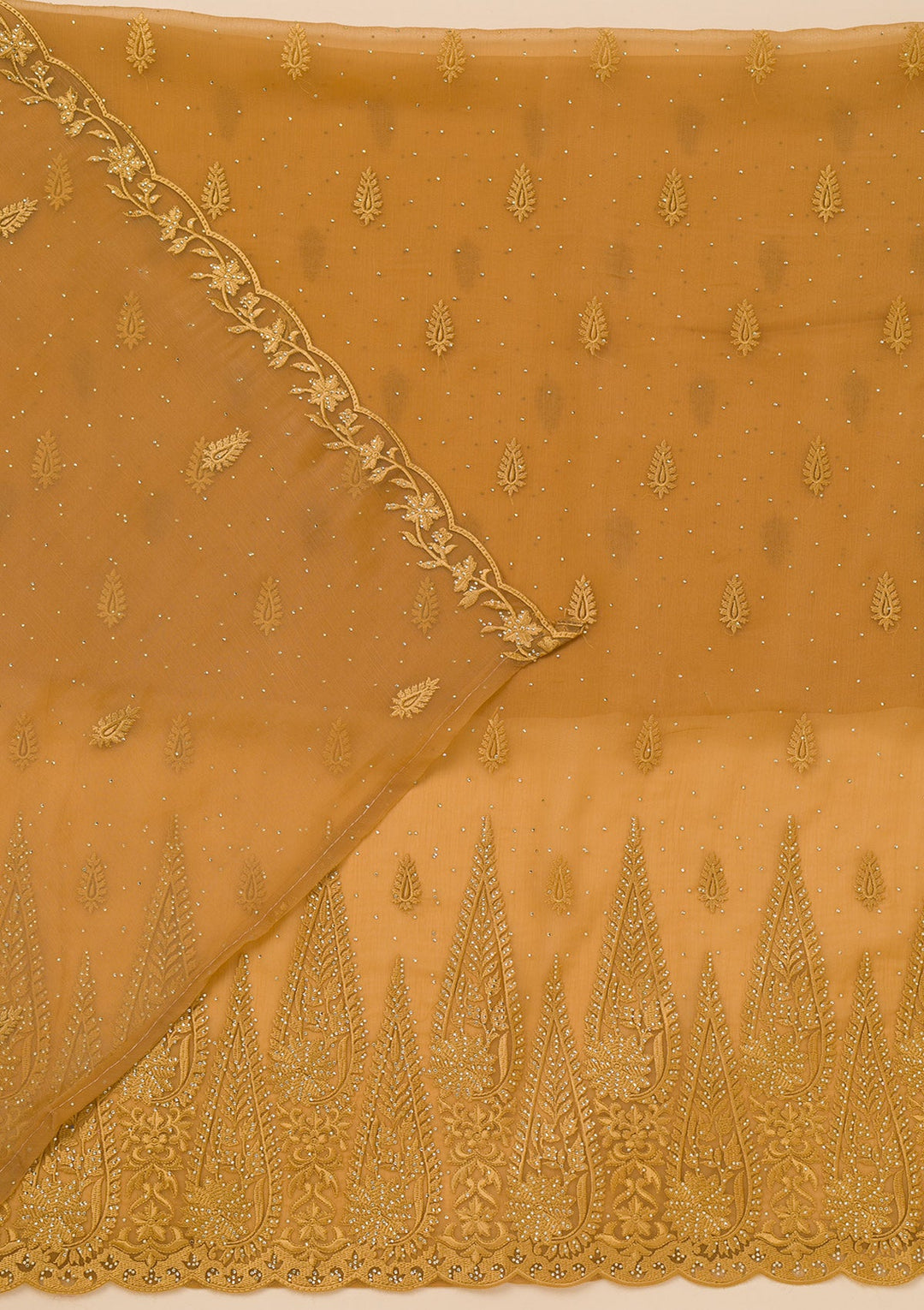 Mustard Threadwork Tissue Unstitched Salwar Suit-Koskii