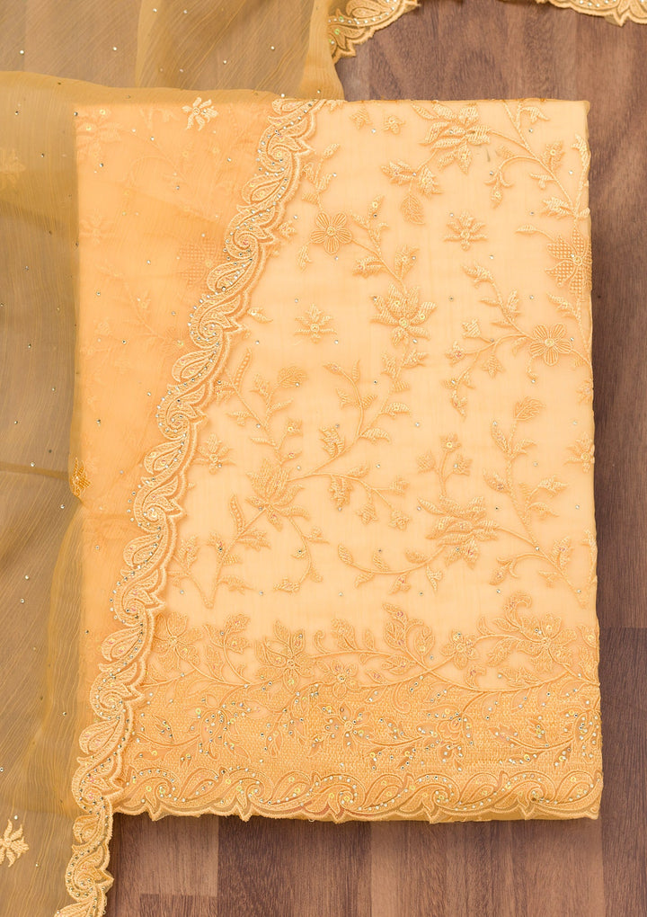 Yellow Threadwork Tissue Unstitched Salwar Suit-Koskii