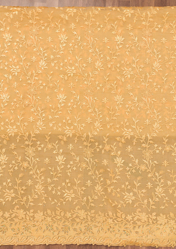 Yellow Threadwork Tissue Unstitched Salwar Suit-Koskii