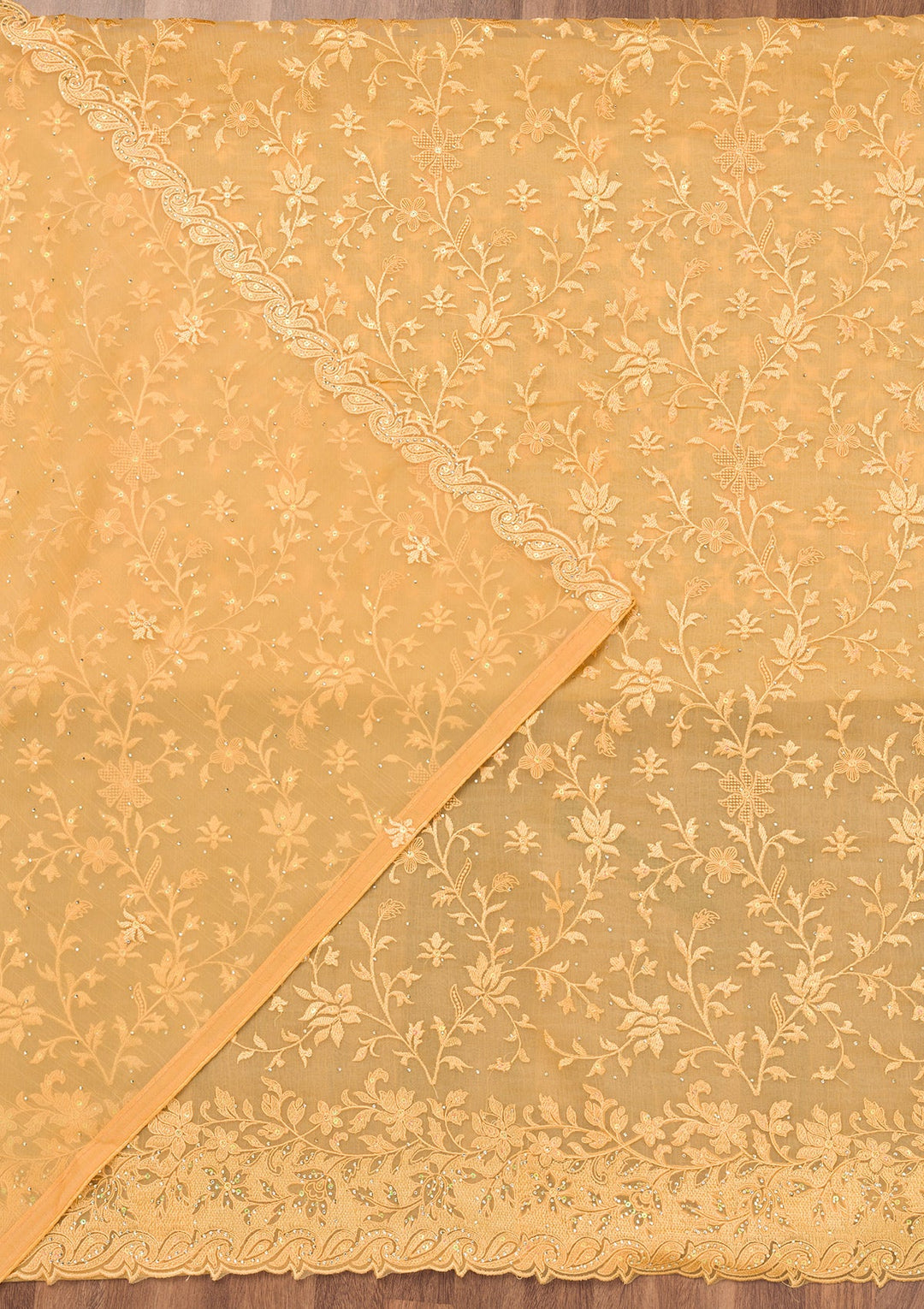 Yellow Threadwork Tissue Unstitched Salwar Suit-Koskii