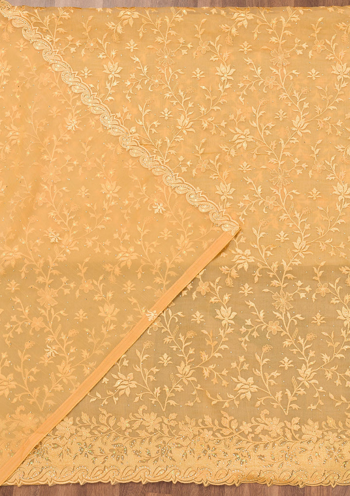 Yellow Threadwork Tissue Unstitched Salwar Suit-Koskii