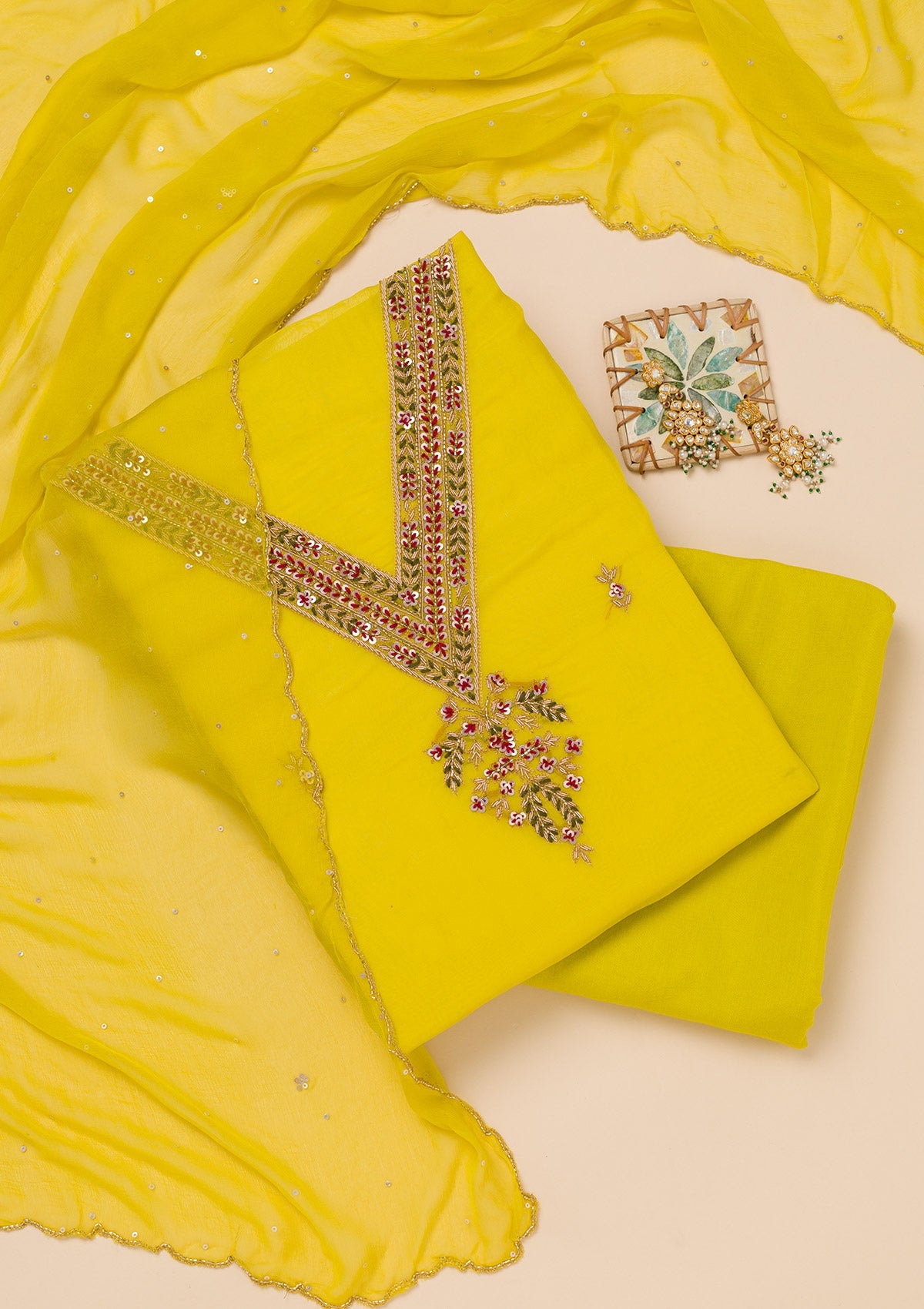 Yellow Threadwork Tissue Unstitched Salwar Suit-Koskii