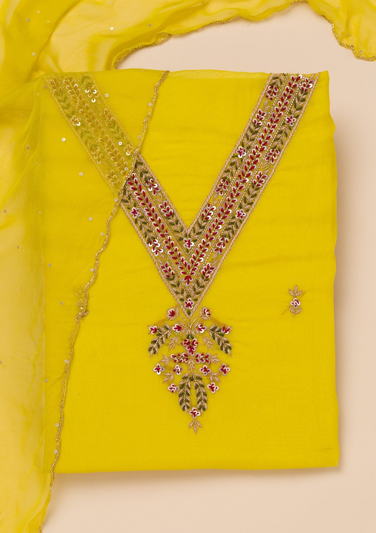 Yellow Threadwork Tissue Unstitched Salwar Suit-Koskii