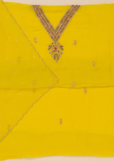 Yellow Threadwork Tissue Unstitched Salwar Suit-Koskii