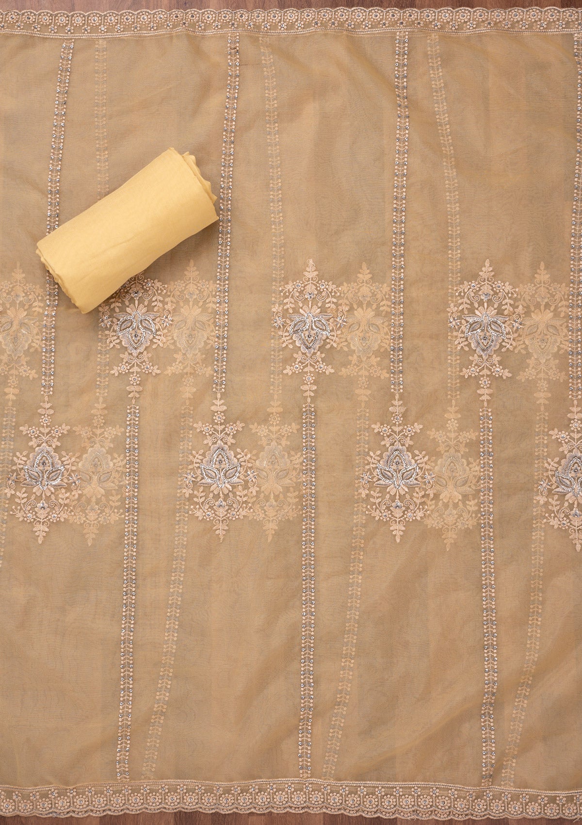 Yellow Threadwork Tissue Unstitched Salwar Suit-Koskii