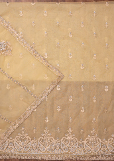 Yellow Threadwork Tissue Unstitched Salwar Suit-Koskii