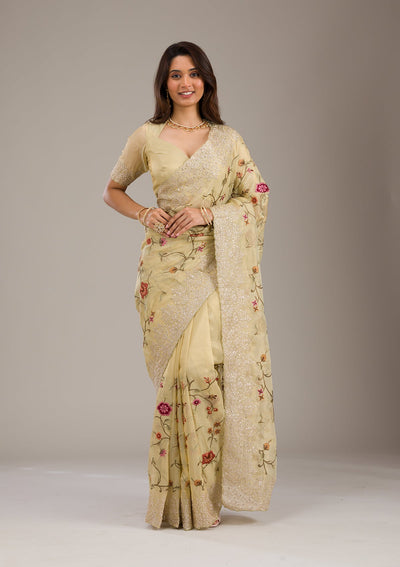 Yellow Threadwork Tissue Saree-Koskii