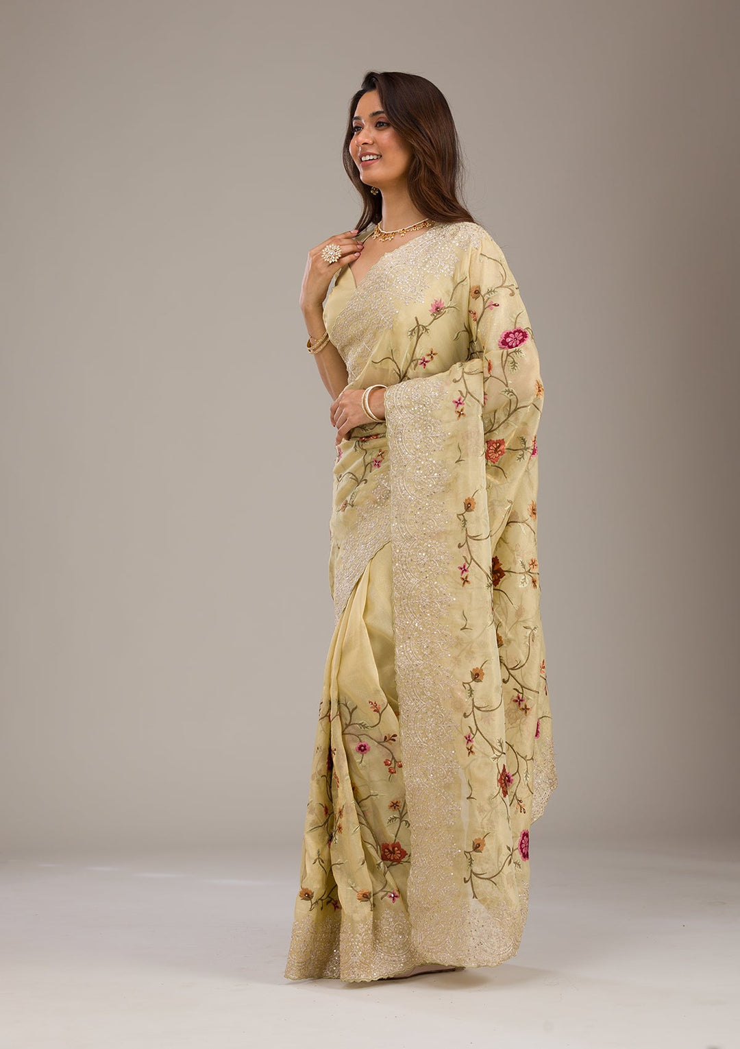Yellow Threadwork Tissue Saree-Koskii
