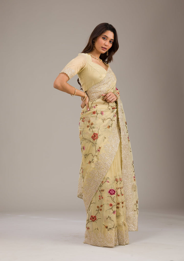 Yellow Threadwork Tissue Saree-Koskii