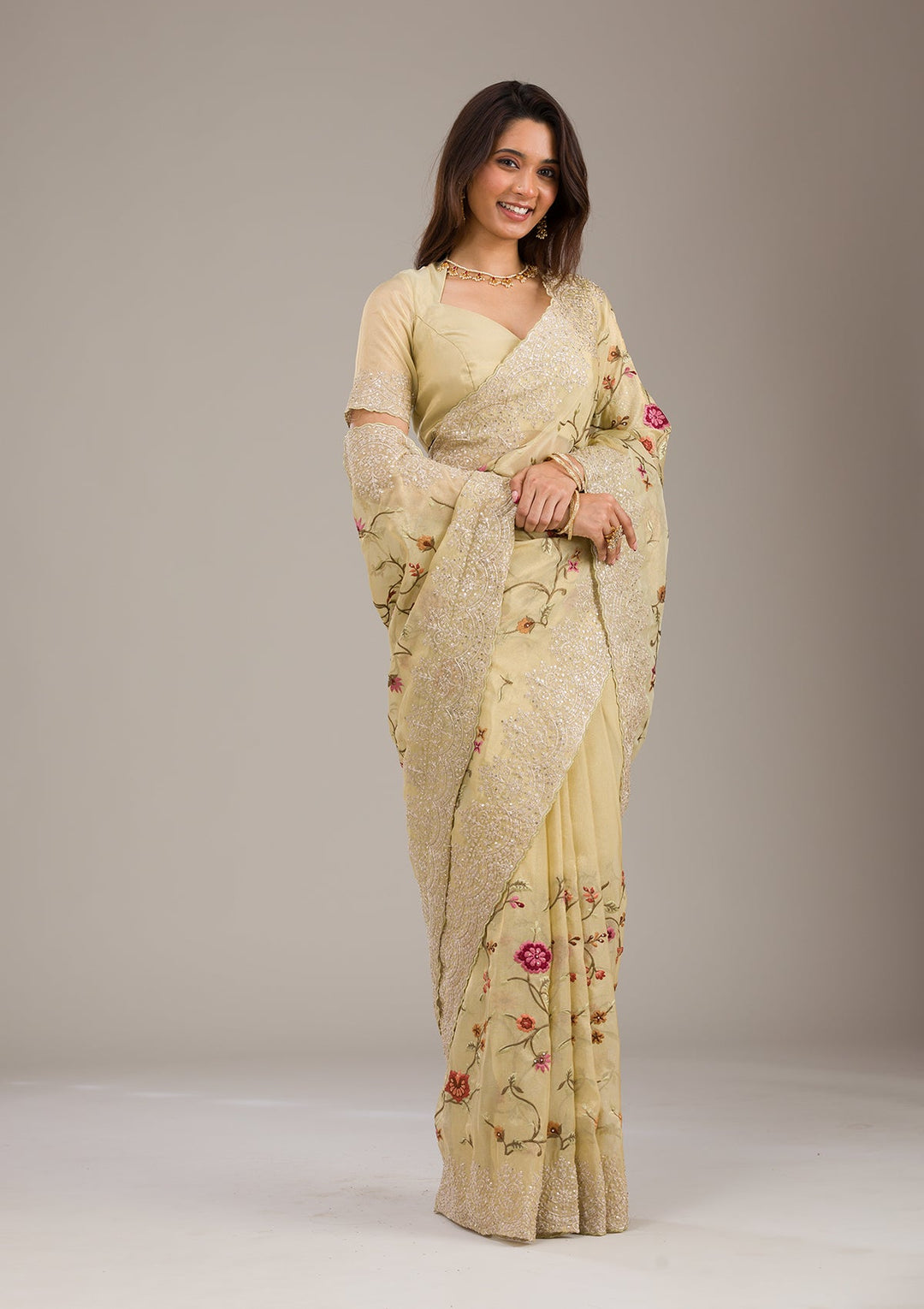 Yellow Threadwork Tissue Saree-Koskii