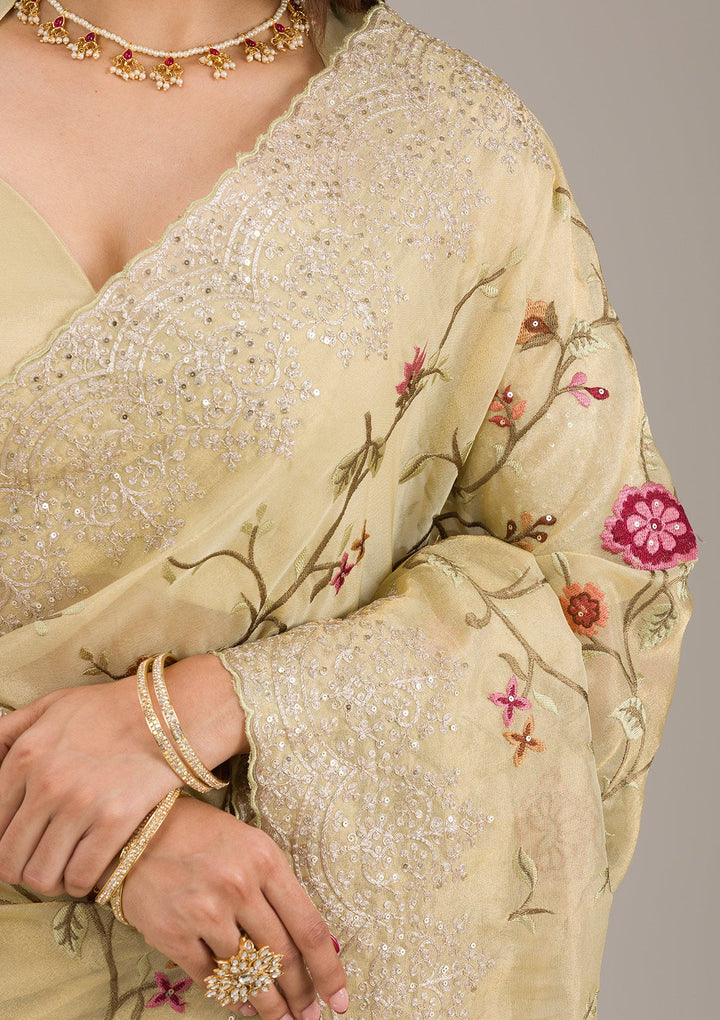 Yellow Threadwork Tissue Saree-Koskii