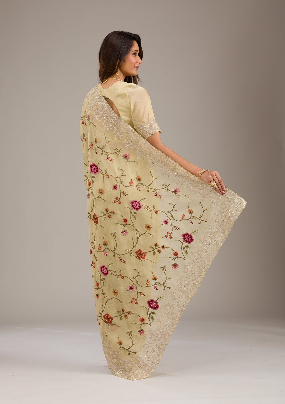 Yellow Threadwork Tissue Saree-Koskii