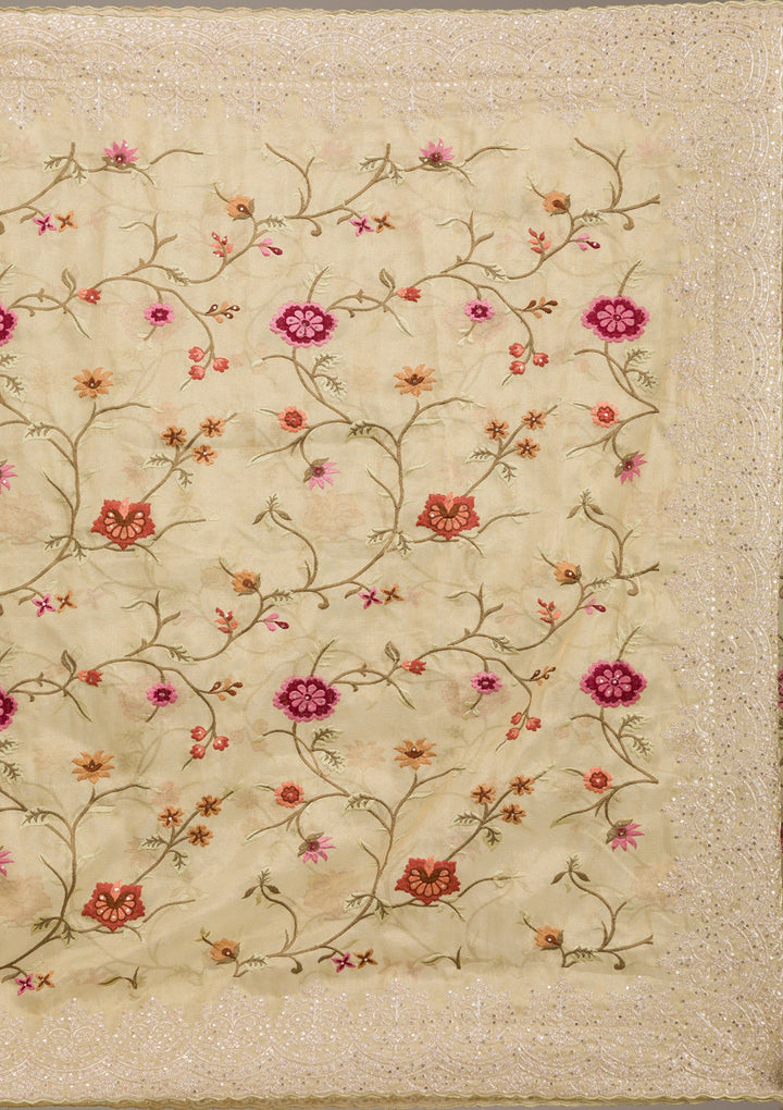 Yellow Threadwork Tissue Saree-Koskii