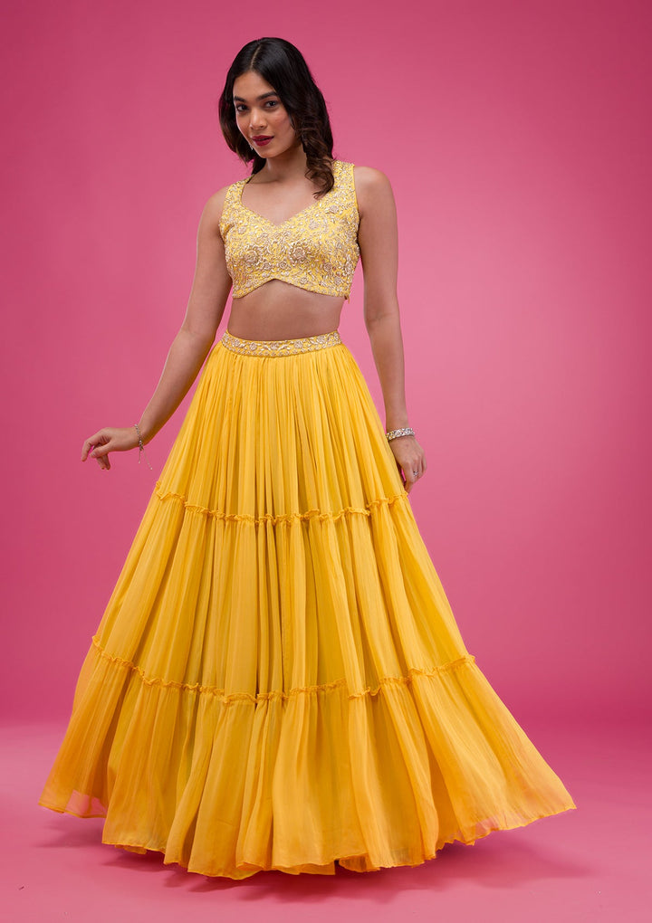 Yellow Zardosi Georgette Readymade Lehenga-Koskii