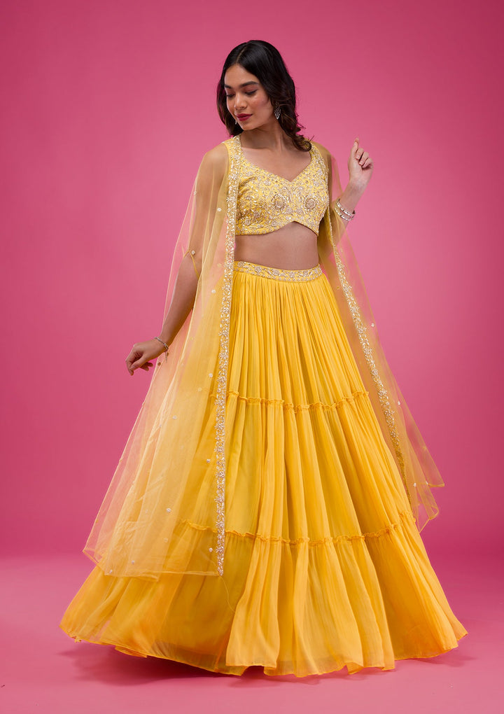 Yellow Zardosi Georgette Readymade Lehenga-Koskii
