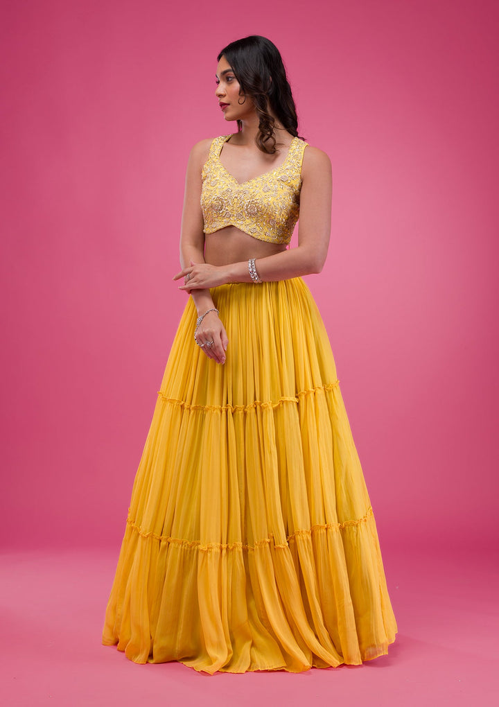 Yellow Zardosi Georgette Readymade Lehenga-Koskii