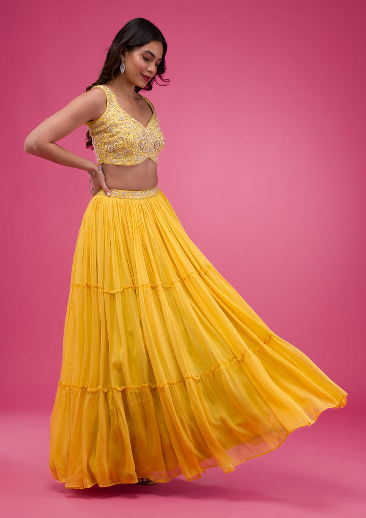 Yellow Zardosi Georgette Readymade Lehenga-Koskii