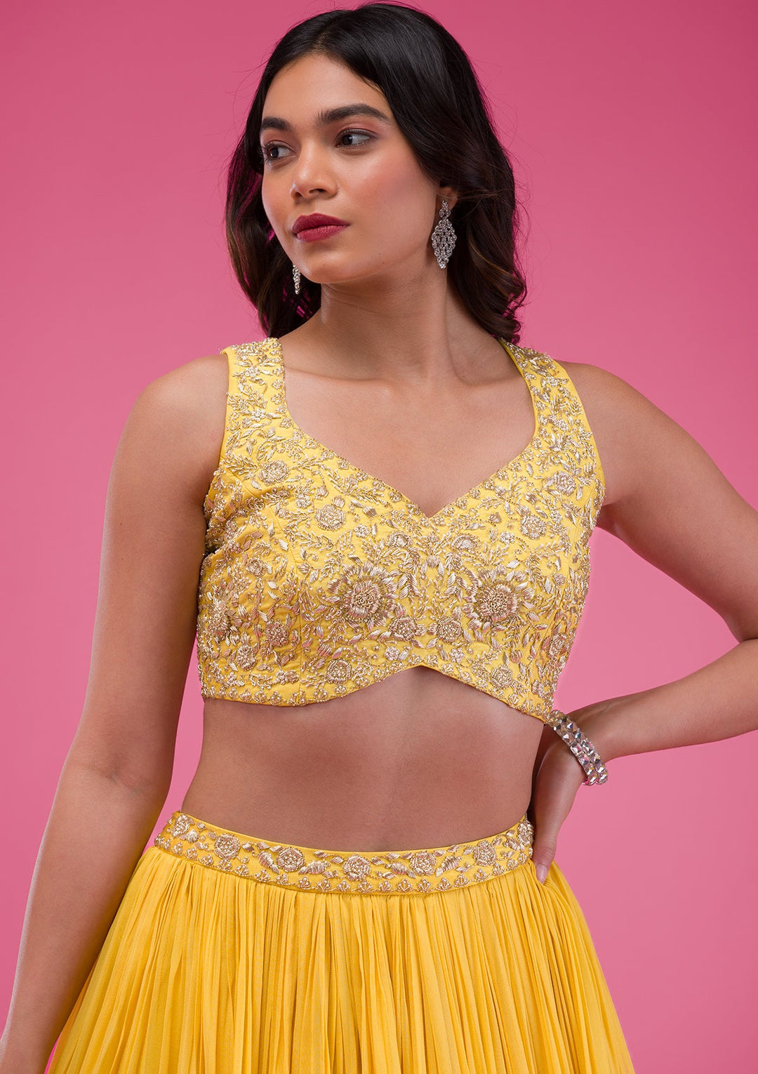 Yellow Zardosi Georgette Readymade Lehenga-Koskii