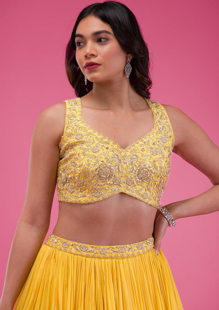 Yellow Zardosi Georgette Readymade Lehenga-Koskii