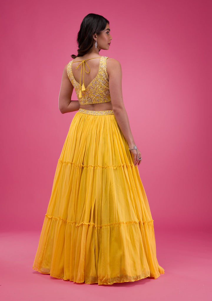 Yellow Zardosi Georgette Readymade Lehenga-Koskii