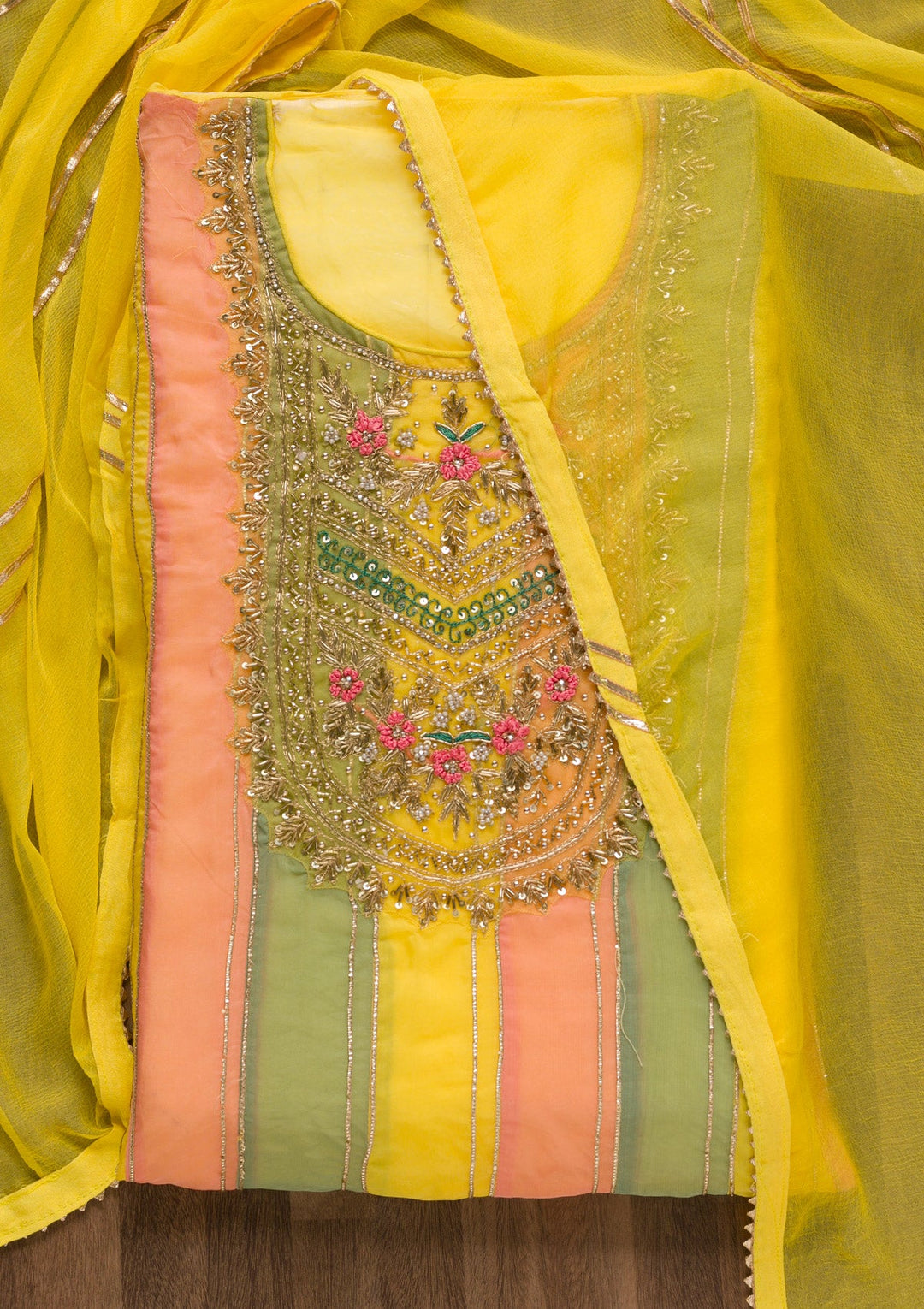 Yellow Zardosi Organza Unstitched Salwar Suit-Koskii