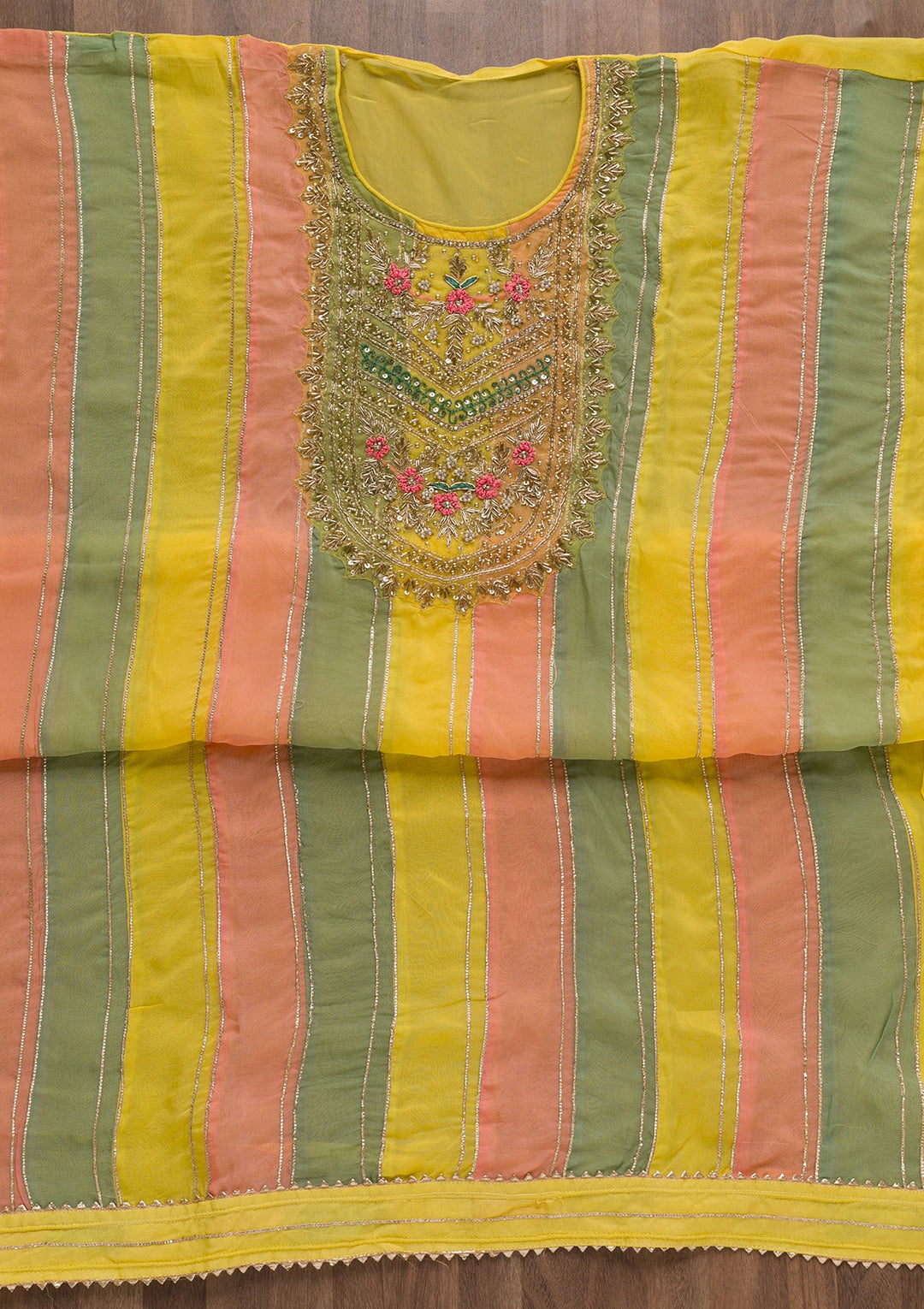 Yellow Zardosi Organza Unstitched Salwar Suit-Koskii
