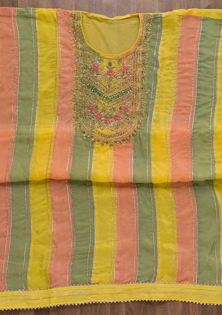 Yellow Zardosi Organza Unstitched Salwar Suit-Koskii