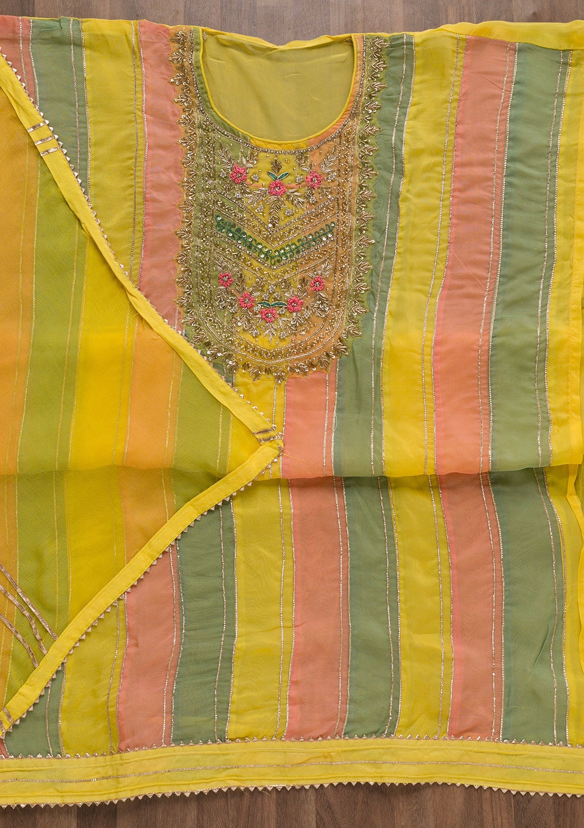 Yellow Zardosi Organza Unstitched Salwar Suit-Koskii