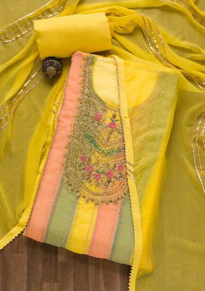 Yellow Zardosi Organza Unstitched Salwar Suit-Koskii