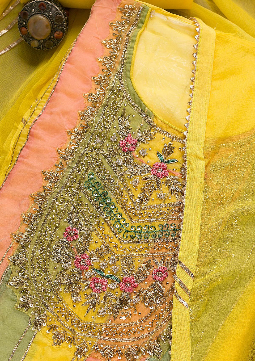 Yellow Zardosi Organza Unstitched Salwar Suit-Koskii