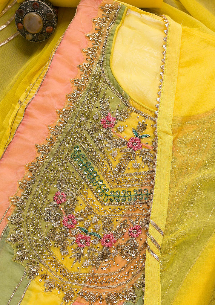 Yellow Zardosi Organza Unstitched Salwar Suit-Koskii