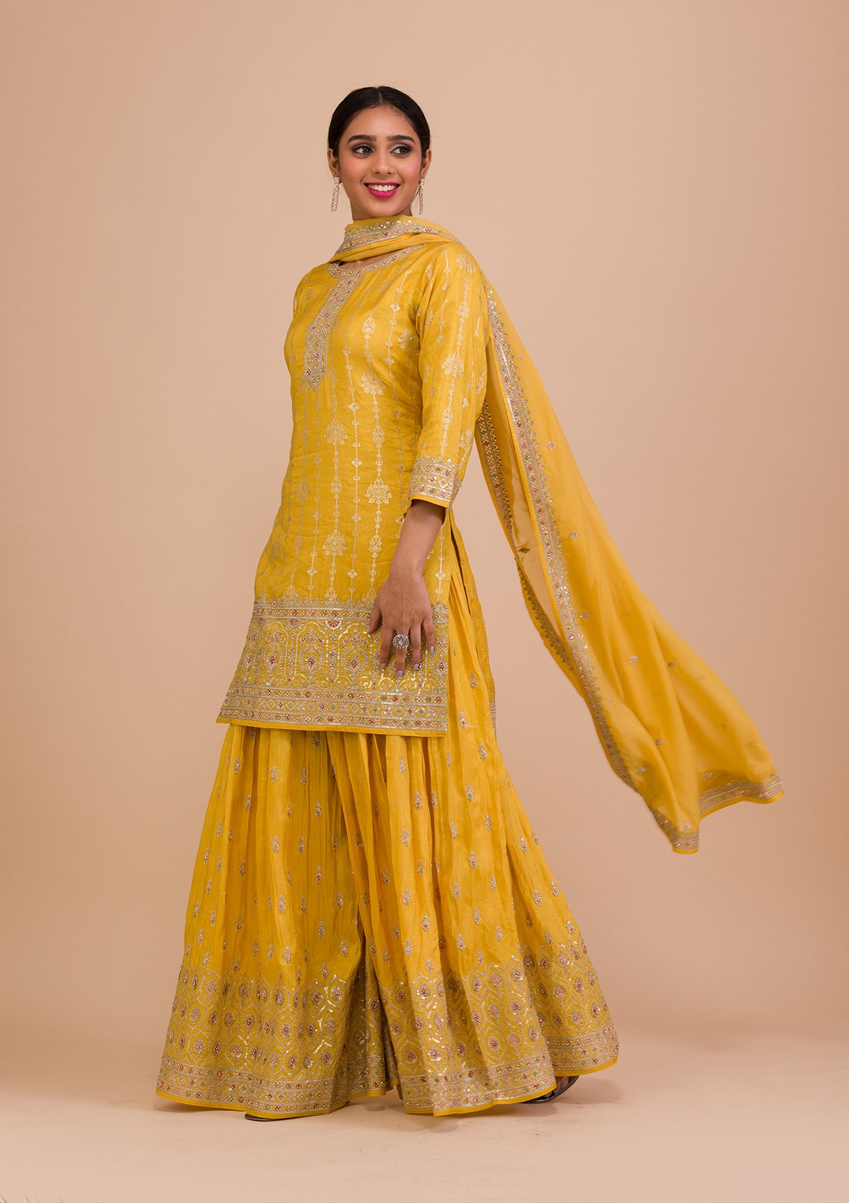 Yellow Zariwork Art Silk Readymade Salwar Kameez-Koskii