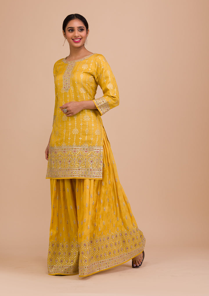 Yellow Zariwork Art Silk Readymade Salwar Kameez-Koskii