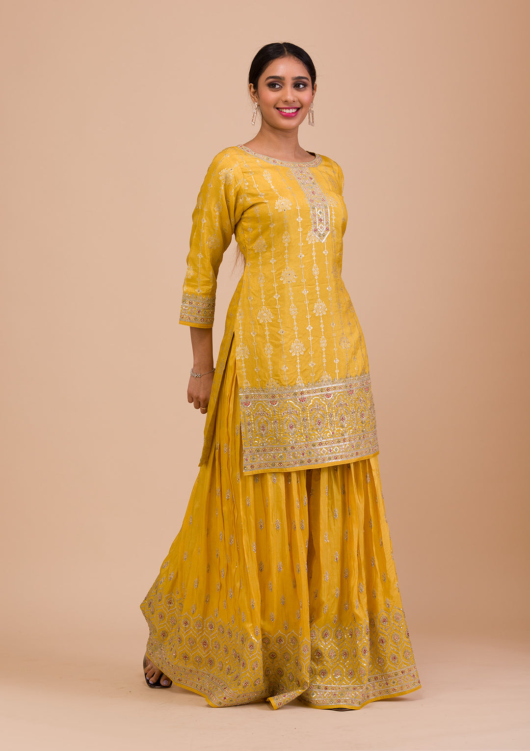 Yellow Zariwork Art Silk Readymade Salwar Kameez-Koskii