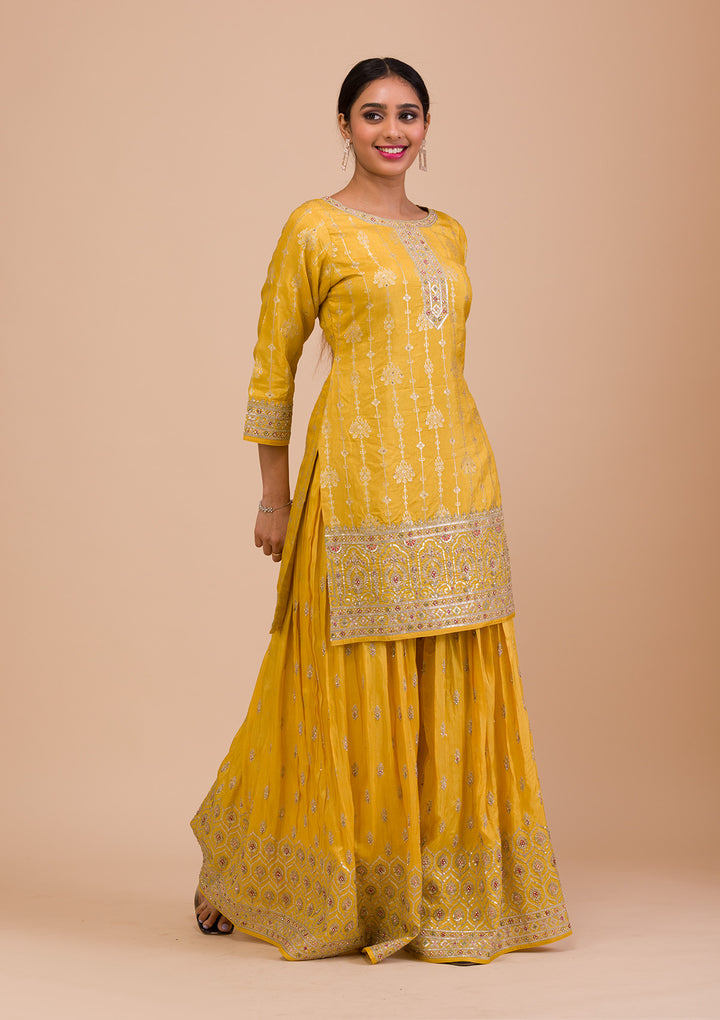Yellow Zariwork Art Silk Readymade Salwar Kameez-Koskii