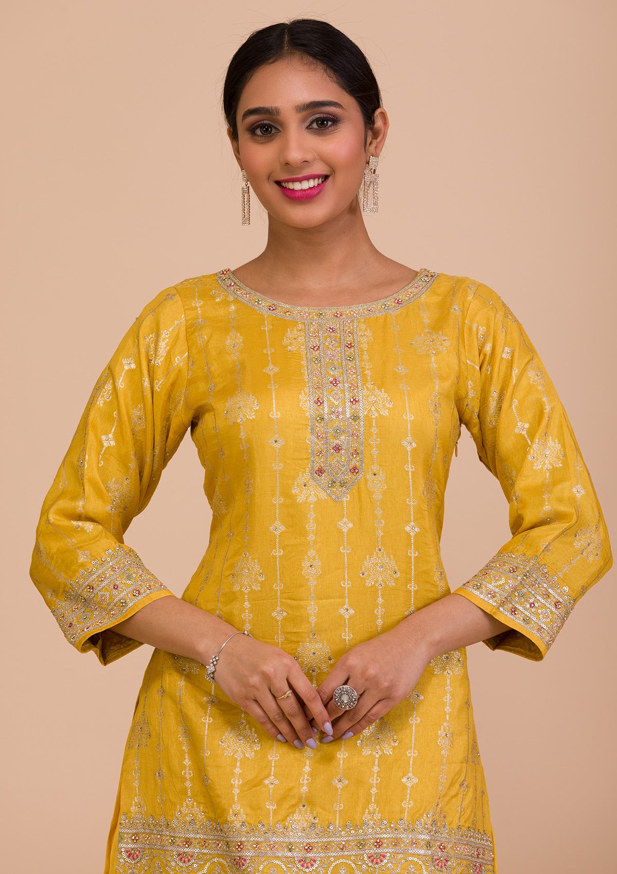 Yellow Zariwork Art Silk Readymade Salwar Kameez-Koskii