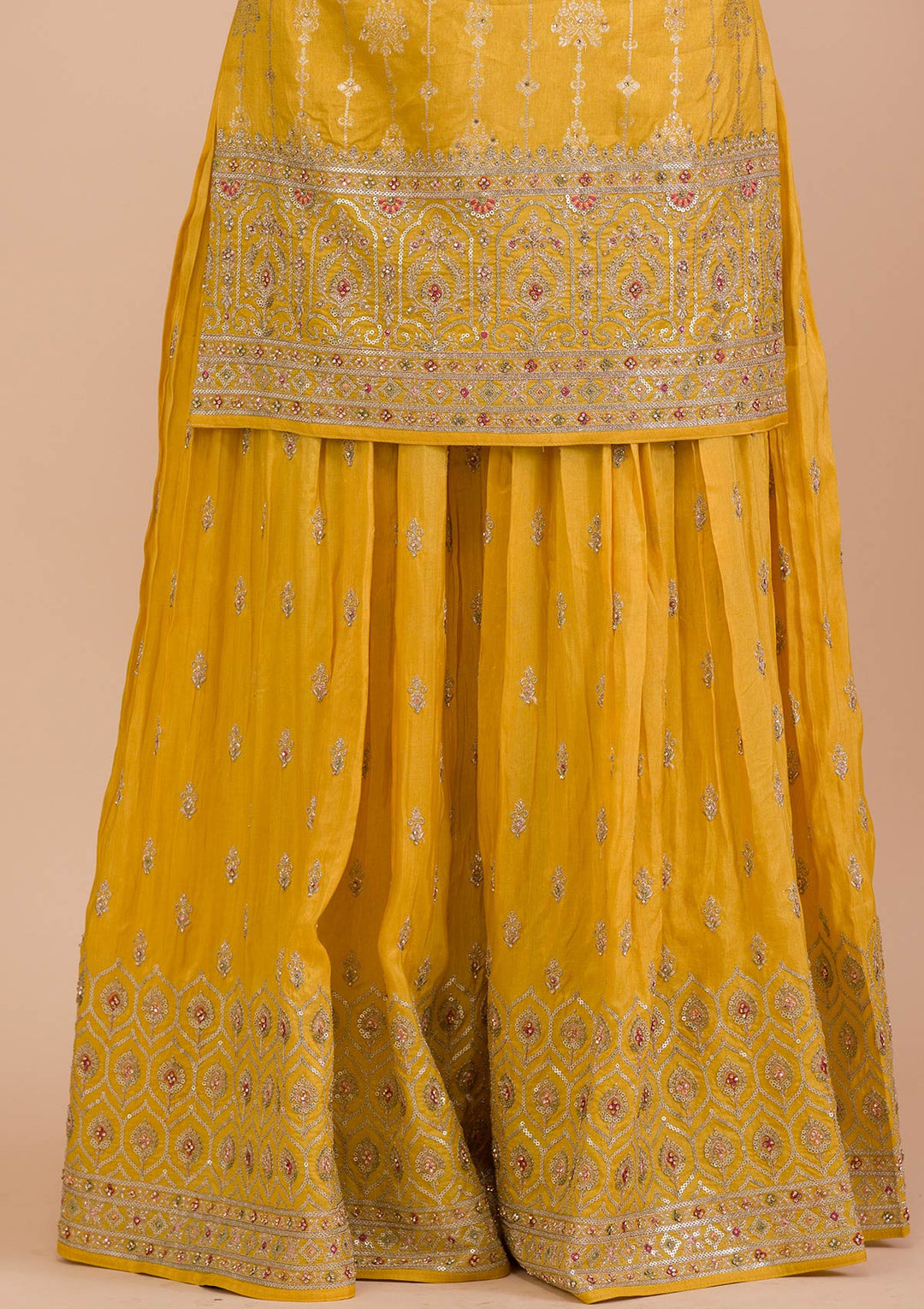 Yellow Zariwork Art Silk Readymade Salwar Kameez-Koskii