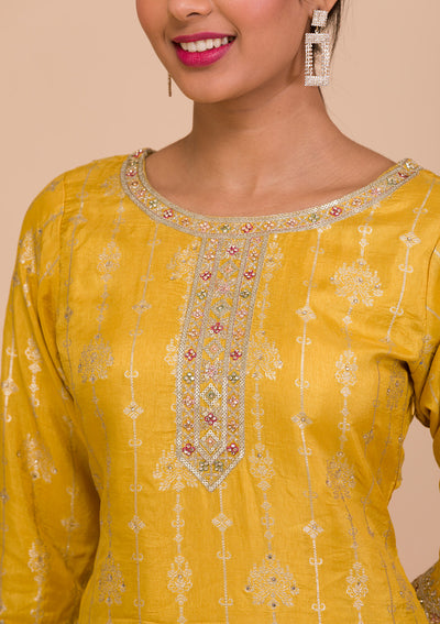 Yellow Zariwork Art Silk Readymade Salwar Kameez-Koskii