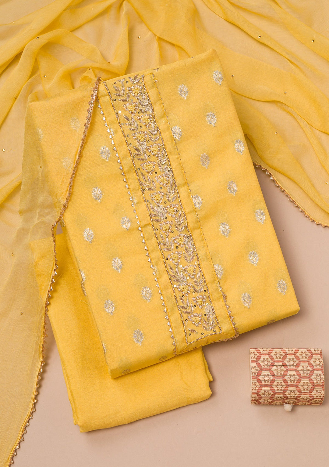 Yellow Zariwork Art Silk Unstitched Salwar Suit-Koskii